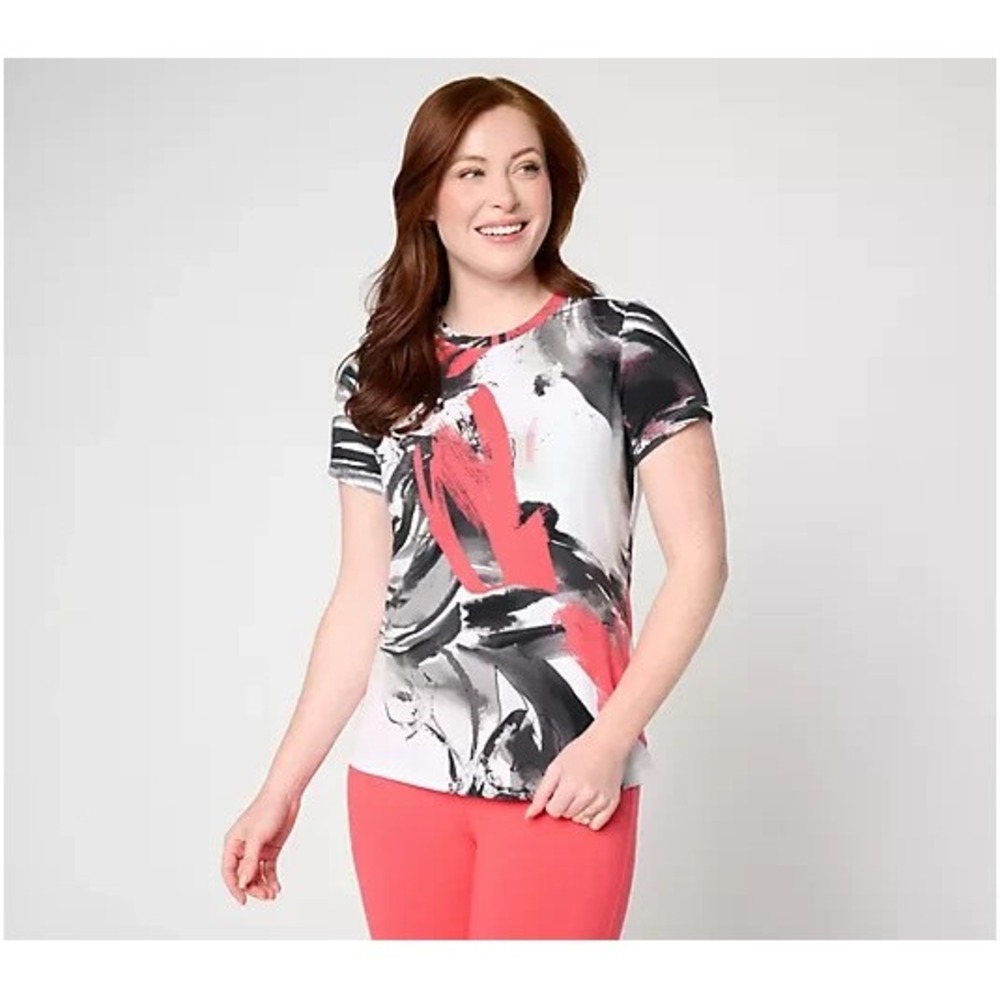 Attitudes by Renee Printed Crew Neck Washed Cotton Tee Smoke, X-Small